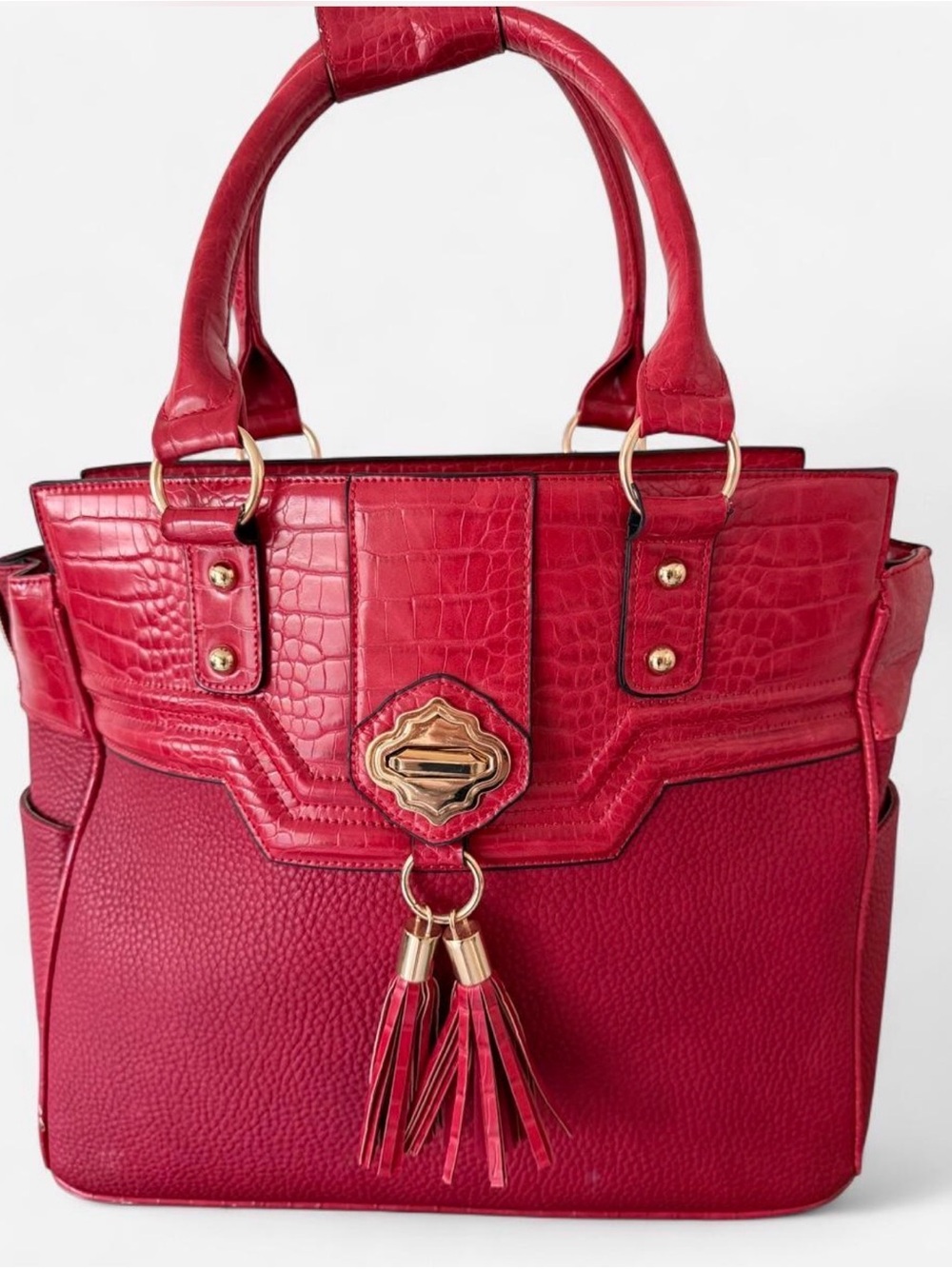 Red Structured Tote Handbag with Tassel Detail